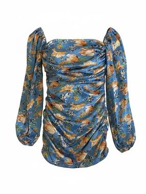 Nookie Blue Floral Puff-Sleeve Ruched Mini Dress